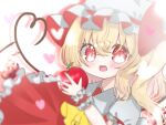  1girl apple ascot blonde_hair collared_shirt flandre_day flandre_scarlet food frilled_shirt_collar frilled_skirt frilled_sleeves frills fruit furrowed_brow hat heart heart_of_string highres holding holding_food holding_fruit knees_up looking_at_viewer mob_cap one_side_up open_mouth puffy_short_sleeves puffy_sleeves red_eyes red_skirt sarara_lala shirt short_hair short_sleeves skirt skirt_set slit_pupils solo teeth touhou upper_teeth_only white_headwear white_shirt wrist_cuffs yellow_ascot 