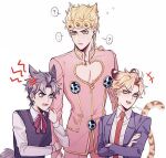  ... 3boys ? aged_down anger_vein animal_ears arm_hug blonde_hair blue_eyes blue_hair blue_vest braid commentary crossed_arms dio_brando family father_and_son giorno_giovanna green_eyes hako_iix07 jacket jewelry jojo_no_kimyou_na_bouken jonathan_joestar long_hair long_sleeves looking_at_another male_focus multiple_boys necktie open_mouth phantom_blood pink_jacket red_necktie shirt short_hair smile spoken_ellipsis spoken_question_mark standing sweat tail tiger_ears tiger_tail time_paradox vento_aureo vest white_background white_shirt wolf_boy wolf_ears wolf_tail 