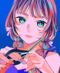  1girl absurdres blue_background blue_eyes blue_shirt braid brown_hair cutting_hair cutting_own_hair highres holding holding_scissors looking_at_viewer original pink_nails portrait richard-kun scissors shirt simple_background solo twin_braids upper_body 