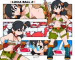  1girl bikini bikini_top_only black_choker black_footwear black_hair blue-tinted_eyewear boots breasts breasts_apart brown_gloves bulma bulma_(cosplay) camouflage camouflage_bikini choker cleavage cosplay cutoffs dragon_ball dragon_ball_(classic) dragon_ball_(object) earrings gloves green_shorts gun hair_ornament hand_on_hip highres holding holding_gun holding_weapon jewelry lucia_(scott_malin) medium_breasts medium_hair multiple_views navel original scott_malin shorts swimsuit tinted_eyewear underboob weapon 