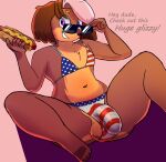  anthro balls bikini bikini_bottom bikini_top brown_body brown_fur brown_hair canid canine canis clothed clothing crossdressing dialogue domestic_dog english_text eyewear food fur genital_outline genitals girly hair half-erect hi_res highlights_(coloring) hot_dog humanoid_genitalia humanoid_penis looselou_art lou_(looselou_art) male mammal nonbinary_(lore) penis pink_background pink_highlights simple_background smile solo spread_legs spreading stars_and_stripes sunglasses swimwear text united_states_of_america wardrobe_malfunction wide_eyed 