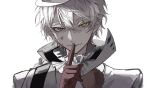  1boy absurdres ascot bungou_stray_dogs closed_mouth finger_to_mouth gloves green_eyes hair_between_eyes heterochromia highres jacket looking_at_viewer male_focus nikolai_gogol_(bungou_stray_dogs) portrait red_gloves short_hair simple_background solo white_ascot white_background white_hair white_headwear white_jacket ya_ta yellow_eyes 