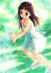  1girl bare_shoulders blurry blurry_background breasts brown_eyes brown_hair collarbone dress flip-flops goto_p holding holding_shower_head long_hair looking_at_viewer motion_blur non-web_source open_mouth original running sandals shower_head small_breasts smile sundress 