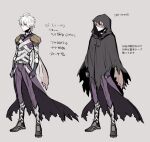 1boy armor assassin_(ragnarok_online) bandages black_cloak cape cloak closed_mouth commentary_request dated expressionless full_body grey_background grey_footwear hair_between_eyes height hood hood_up hooded_cloak kusabi_(aighe) long_bangs looking_afar male_focus multiple_views pants pauldrons purple_cape purple_pants purple_shirt ragnarok_online red_eyes shirt shoes short_hair shoulder_armor simple_background sleeveless sleeveless_shirt torn_cape torn_cloak torn_clothes translation_request waist_cape white_hair 