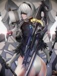  1girl 2b_(nier:automata) absurdres ass black_blindfold blindfold breasts gloves goddess_of_victory:_nikke gun hairband highres holding holding_sword holding_weapon juliet_sleeves leotard long_sleeves looking_back medium_breasts mole mole_under_mouth nier:automata nier_(series) pod_(nier:automata) puffy_sleeves rifle short_hair sword weapon white_hair xuuikie_ashe 