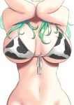  1girl animal_print bikini breast_focus breasts ceres_fauna cleavage cow_print front-tie_bikini_top front-tie_top green_hair highres hololive hololive_english large_breasts long_hair multicolored_hair navel no_panties open_mouth redi_(rasec_asdjh) simple_background solo swimsuit virtual_youtuber white_background 