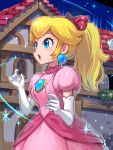  1girl blonde_hair blue_brooch blue_eyes bow breasts dress earrings elbow_gloves gloves hair_bow highres jewelry long_hair mario_(series) medium_breasts pink_dress ponytail princess princess_peach puffy_short_sleeves puffy_sleeves short_sleeves solo sphere_earrings untitled_princess_peach_game white_gloves ya_mari_6363 