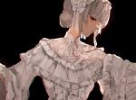  1girl black_background blunt_bangs commentary curly_hair dress frilled_dress frilled_hairband frills gradient_hair grey_hair hair_bun hairband highres higuchi_kaede higuchi_kaede_(14th_costume) light_particles looking_to_the_side mole mole_under_eye multicolored_hair nijisanji official_alternate_costume official_alternate_hairstyle outstretched_arms purple_eyes purple_hair simple_background solo spread_arms suna_(sunasuna_3) symbol-only_commentary upper_body virtual_youtuber white_dress white_hairband 