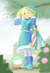  1boy absurdres blue_raincoat blurry blurry_foreground boots closed_umbrella coat day flower frog hands_up highres hooded_coat motimoti_mgmg otomo_(puyopuyo) outdoors puyopuyo_quest rain rubber_boots solo tree umbrella water_drop wet yellow_mittens 