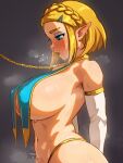  1girl alternate_breast_size alternate_eye_color bare_shoulders blonde_hair blue_eyes blush braid breasts chain covered_nipples glooz_art hair_ornament hairclip highres huge_breasts jewelry long_hair official_alternate_hair_length official_alternate_hairstyle parted_bangs pointy_ears princess_zelda short_hair sidelocks solo the_legend_of_zelda the_legend_of_zelda:_tears_of_the_kingdom 