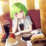  1boy absurdres booth_seating cup disposable_cup drinking drinking_glass drinking_straw fast_food food french_fries green_hair hand_on_own_cheek hand_on_own_face highres lio_fotia looking_at_viewer mcdonald&#039;s otoko_no_ko pink_eyes promare short_hair sitting soda subu_art 