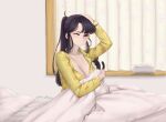  1girl bed black_eyes black_hair breasts cleavage curtains dismaiden hand_up highres komi-san_wa_komyushou_desu komi_shouko large_breasts long_hair on_bed one_eye_closed pajamas solo waking_up yellow_pajamas 