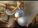  2022 absurd_res anthro artist_name bahnbahn_(artist) big_breasts black_nose blurred_background bodily_fluids breasts brown_body brown_fur bucket cheek_tuft clothed clothing colored container digital_media_(artwork) dreamworks facial_tuft felid female fur hi_res huge_belly kung_fu_panda lactating lactating_through_clothing letterbox mammal master_tigress midriff navel orange_body orange_eyes orange_fur outie_navel pantherine portrait pregnant shaded solo standing thick_thighs three-quarter_portrait tiger tuft wet wet_clothing whiskers white_body white_fur wide_hips yellow_sclera 