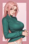  1girl artist_name breasts chloe_(sciamano240) closed_mouth clothes_lift earrings forehead freckles from_side green_sweater highres jewelry large_breasts lips long_hair looking_at_viewer midriff_peek navel nose original panties parted_hair pink_eyes pink_hair sciamano240 simple_background smile solo sweater sweater_lift turtleneck turtleneck_sweater underwear upper_body white_panties 