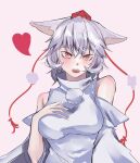  1girl animal_ears bare_shoulders breasts grey_hair hat heart highres inubashiri_momiji kanaria_(bocmn) large_breasts looking_at_viewer open_mouth pink_background pom_pom_(clothes) red_eyes red_headwear short_hair simple_background solo tokin_hat touhou upper_body wolf_ears wolf_girl 