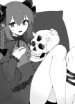  1641_(chfhrtor94) 1girl animal_ears bow braid cat_ears cat_girl center_frills commentary_request fang feet_out_of_frame frilled_sleeves frills greyscale hair_bow hand_on_own_chest high-waist_skirt highres holding holding_skull kaenbyou_rin knees_up leg_ribbon long_hair long_sleeves looking_at_viewer monochrome neck_ribbon open_mouth ribbon simple_background skin_fang skirt skull solo touhou twin_braids white_background 