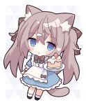  1girl :o animal_ear_fluff animal_ears apron black_footwear blue_dress bow brown_bow brown_hair cake cake_slice cat_ears cat_girl cat_tail chibi commentary dress food fruit full_body hair_bow hair_ornament hairclip heart highres long_hair looking_at_viewer nakkar original parted_lips plate puffy_short_sleeves puffy_sleeves shoes short_sleeves socks solo strawberry tail twintails very_long_hair white_apron white_background white_socks 
