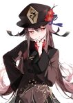  1girl black_headwear brown_coat brown_hair coat commentary_request flower flower-shaped_pupils genshin_impact hand_on_own_hip hand_up hat hat_flower highres hu_tao_(genshin_impact) jewelry long_hair looking_at_viewer multiple_rings parted_lips plum_blossoms porkpie_hat red_eyes red_flower ring simple_background solo suashi symbol-shaped_pupils tassel upper_body white_background 
