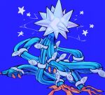  alternate_color blue_background cable commentary_request kokemushi_(kuru_fox) no_humans pokemon pokemon_(creature) shiny_pokemon simple_background solo spikes star_(symbol) xurkitree 