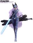  1girl animal_ears armored_bodysuit bodysuit breasts commentary_request covered_navel fake_animal_ears full_body glowing glowing_sword glowing_weapon holding holding_sword holding_weapon large_breasts long_hair m_yuzuruha mask original purple_hair sheath skin_tight smile solo standing sword translation_request very_long_hair weapon white_background 
