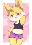  anthro blush boxer_briefs bulge clothing countershading crop_top fur half-closed_eyes hand_behind_head head_tuft hi_res league_of_legends looking_at_viewer male mammal midriff narrowed_eyes navel open_mouth pantsless portrait purple_boxer_briefs purple_clothing purple_underwear riot_games shirt smile smite_(artist) smite_(character) solo standing tank_top three-quarter_portrait topwear tuft underwear white_body white_countershading yellow_body yellow_fur yordle 