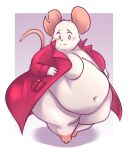  2023 anthro belly big_belly blush breasts clothing coat fat_legs featureless_breasts female hi_res kelpu_(artist) mammal mina_(mina_the_hollower) mina_the_hollower mouse murid murine navel obese obese_anthro obese_female overweight overweight_anthro overweight_female red_clothing red_coat red_topwear rodent simple_background solo thick_thighs topwear wide_hips yacht_club_games 