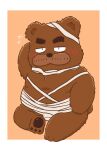  2023 absurd_res anthro bear blush brown_body brown_fur chibi fur gensuke halloween halloween_costume hi_res holidays kemono kumalino male mammal mummy_costume overweight overweight_male roast_(kumalino) sanrio simple_background sitting solo 