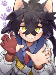  1boy ahoge animal_ear_fluff animal_ears black_hair blue_shirt collared_shirt colored_inner_hair commentary_request crossed_bangs gloves grin hair_between_eyes hands_up highres jacket kieran_(pokemon) kyouka._(kyouka) looking_at_viewer male_focus mole mole_on_neck multicolored_hair necktie partially_fingerless_gloves paw_print pokemon pokemon_(game) pokemon_sv red_gloves red_necktie shirt single_glove smile solo teeth upper_body white_background yellow_eyes 