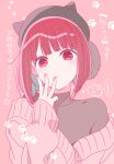  1girl arima_kana beret black_headwear bob_cut closed_mouth commentary hat highres hirayama_kanna inverted_bob looking_at_viewer medium_hair no_pupils off_shoulder oshi_no_ko pink_background pink_sweater red_eyes red_hair solo sweater translation_request 