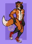  absurd_res anthro black_body black_fur blush canid canine clothing desperation fart fart_cloud footwear fox fur green_eyes hair hi_res long_hair male mammal muscular muscular_anthro muscular_male nervous nipples omorashi orange_body orange_fur shadyhouse shoes sneakers solo speedo swimwear white_body white_fur 