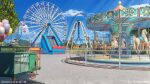  amusement_park balloon blue_sky candy carousel cart cloud day ferris_wheel food lollipop no_humans original outdoors pendulum_ride railing roller_coaster sanxian_(wufs4222) scenery sky tree 