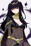  1girl black_hair blunt_bangs bodystocking breasts cape cleavage closed_mouth covered_navel fire_emblem fire_emblem_awakening gmais2514 gold_trim long_hair looking_at_viewer medium_breasts solo tharja_(fire_emblem) tiara twintails 