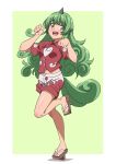  1girl barefoot cloud_print collared_shirt curly_hair full_body geta green_eyes green_hair gyouza_(mhea5724) highres horns kariyushi_shirt komano_aunn long_hair navel open_mouth red_shirt shirt short_sleeves shorts single_horn smile solo touhou white_shorts 