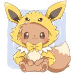  :3 artist_name blush_stickers bow brown_eyes capelet closed_mouth cosplay eevee full_body hand_on_own_stomach highres hood hooded_capelet jolteon jolteon_(cosplay) kana_(maple926) looking_at_viewer pokemon pokemon_(creature) sitting smile solo twitter_username yellow_bow 