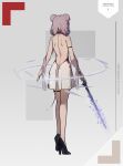  1girl absurdres animal_ears arknights backless_dress backless_outfit bare_shoulders black_footwear character_name choker dress facing_away from_behind full_body grey_background happy_birthday high_heels highres holding holding_sword holding_weapon lin_(arknights) long_hair pink_hair red_choker shoes shokuyou_koori simple_background solo standing sword tail very_long_hair weapon white_dress 