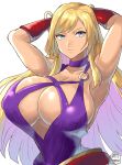  1girl blonde_hair blue_eyes breasts chikoinochi choker cleavage dress gloves highres jenet_behrn large_breasts looking_at_viewer purple_dress red_gloves the_king_of_fighters watermark white_background 