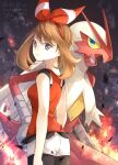  1girl bike_shorts bike_shorts_under_shorts blaziken brown_hair closed_mouth commentary embers fire grey_eyes hairband highres looking_at_viewer looking_to_the_side may_(pokemon) medium_hair orange_hairband orange_shirt pokemon pokemon_(creature) pokemon_(game) pokemon_oras shirt short_shorts shorts sleeveless sleeveless_shirt twitter_username white_shorts yomogi_(black-elf) 