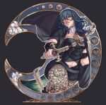  1girl absurdres black_coat black_hair blue_eyes breasts brooch byleth_(female)_(fire_emblem) byleth_(fire_emblem) cleavage coat coat_on_shoulders fire_emblem fire_emblem:_three_houses highres holding holding_sword holding_weapon iaurencin jewelry knee_up large_breasts lips medium_hair pantyhose solo sword teeth weapon whip_sword 