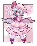  1girl ascot bat_wings dress full_body grey_hair grey_wings harunori_(hrnrx) hat hat_ribbon heart highres mob_cap pink_dress pink_headwear pointy_ears red_ascot red_eyes red_footwear red_ribbon remilia_scarlet ribbon shoes short_hair short_sleeves solo touhou twitter_username wings 