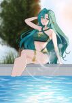  1girl absurdres aqua_hair bare_shoulders braid chloe_(fire_emblem) fire_emblem fire_emblem_engage green_eyes hanzoku highres long_hair looking_at_viewer navel official_alternate_costume open_mouth pool poolside sitting solo swimsuit very_long_hair water 