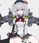  1girl beret black_headwear black_skirt black_socks breasts collared_shirt epaulettes frills gloves grey_background grey_eyes grey_hair grey_shirt hair_between_eyes hat jacket kantai_collection kashima_(kancolle) kneehighs large_breasts long_hair looking_at_viewer military_uniform pleated_skirt rigging shirt simple_background sitting skirt smile socks solo twintails uniform uotsu_(sabakou) wavy_hair white_gloves white_jacket 