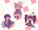  ... 3girls :o ? black_hair black_jacket black_ribbon black_skirt black_thighhighs blue_sailor_collar blue_skirt board_game braid celestia_ludenberg chibi collared_shirt cup_ramen_on_head danganronpa:_trigger_happy_havoc danganronpa_(series) drill_hair earrings food food_on_head full_body gothic_lolita hair_ornament hair_ribbon hairclip highres holding holding_knife i-hara jacket jewelry kirigiri_kyoko knife layered_skirt lolita_fashion long_hair looking_up maizono_sayaka miniskirt multiple_girls necktie object_on_head open_clothes open_jacket pink_background plaid plaid_skirt pleated_skirt purple_eyes red_eyes ribbon sailor_collar shirt shoes side_braid sitting skirt speech_bubble spoken_ellipsis sweat teeth thighhighs twin_drills twintails upper_teeth_only white_background white_shirt 