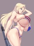  1girl american_flag_bikini bikini blonde_hair blue_eyes breasts covered_nipples cowboy_shot flag_print gun highleg highleg_swimsuit hornet_(kancolle) huge_breasts kantai_collection kawanuma_uotsuri long_hair looking_at_viewer navel rifle smile swimsuit weapon 