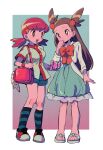  2girls :d bag bow brown_eyes brown_hair buttons cardigan commentary dress eyelashes green_dress hair_ornament hairclip hand_up handbag highres holding jacket jasmine_(pokemon) kneehighs knees long_hair multiple_girls ok_ko19 open_mouth orange_bow parted_lips pink_hair pokemon pokemon_(game) pokemon_hgss sandals shoes shorts smile socks standing striped striped_socks toes twintails two_side_up white_cardigan whitney_(pokemon) 