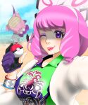  1girl absurdres asymmetrical_shirt beach bow breasts collarbone collared_shirt drill_hair eyeshadow fur_coat fur_jacket galarian_slowbro gloves hair_bow hairband highres holding holding_poke_ball jacket klara_(pokemon) large_breasts makeup mole mole_under_mouth one_eye_closed pink_eyeshadow pink_hair pink_lips poke_ball poke_ball_(basic) pokemon pokemon_(creature) pokemon_(game) pokemon_swsh purple_eyes selfie shirt short_hair single_glove talkinghopper tongue tongue_out twin_drills upper_body white_bow white_hairband 