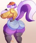  absurd_res anthro big_breasts big_butt black_eyes bottomwear breasts butt clothing fifi_la_fume hair hair_over_eye hi_res huge_breasts huge_butt jacket jaeh legwear looking_back mammal mephitid one_eye_obstructed purple_body purple_hair shorts skunk smile solo thick_thighs thigh_highs tiny_toon_adventures topwear warner_brothers wide_hips 