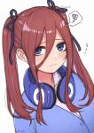  1girl alternate_hairstyle artist_name black_ribbon blue_eyes blue_jacket blush brown_hair closed_mouth collared_shirt commentary_request frown go-toubun_no_hanayome hair_between_eyes hair_over_one_eye hair_ribbon half_updo headphones headphones_around_neck highres irarei_(araisanblog) jacket long_hair looking_at_viewer nakano_miku ribbon school_uniform shirt sidelocks simple_background sketch solo spoken_squiggle squiggle twintails twintails_day twitter_username upper_body wavy_mouth white_background white_shirt 