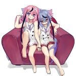  2girls bare_arms bare_legs barefoot blue_eyes blue_hair blue_nails collarbone collared_shirt commentary couch gradient_hair grin gynoid_talk hair_flaps highres hikimayu holding holding_hair holding_hands interlocked_fingers ishitsuki_(_0101_831) long_hair looking_at_viewer meika_hime meika_mikoto multicolored_hair multiple_girls nail_polish pink_eyes pink_hair red_nails red_shorts sailor_collar shirt short_shorts shorts simple_background sitting sleeveless sleeveless_shirt smile toenail_polish toenails two-tone_hair vocaloid white_background white_sailor_collar white_shirt 
