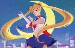  1girl back_bow bishoujo_senshi_sailor_moon blonde_hair blue_eyes blue_sailor_collar blue_skirt bow bowtie brooch choker cityscape cowboy_shot crescent_choker crescent_moon double_bun elbow_gloves gloves hair_bun jewelry long_hair looking_at_viewer luna_(sailor_moon) moon night night_sky parted_bangs parted_lips pleated_skirt red_bow red_bowtie red_choker sailor_collar sailor_senshi_uniform shirt skirt sky smile tiara twintails twitter_username vanekairi very_long_hair white_gloves white_shirt 