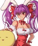  1girl absurdres animal_ears bow bowtie breasts cleavage closed_mouth di_gi_charat dice_hair_ornament hair_bow hair_ornament heart high-waist_skirt highres medium_breasts medium_hair petra_(jgc845601) purple_hair rabbit_ears red_bow red_eyes red_skirt simple_background skirt smile solo suspender_skirt suspenders twintails upper_body usada_hikaru white_background 